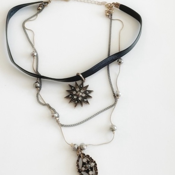Layered Gothic Victorian Star Rhinestone Choker Vegan Leather - Picture 6 of 6
